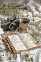  brown kraft paper, white flowers and vintage writing spread