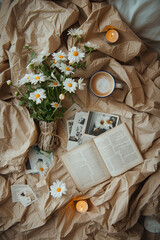  brown kraft paper, white flowers and vintage writing spread