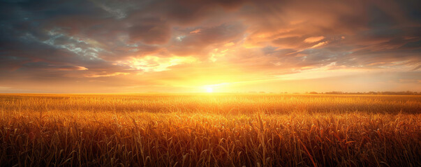 Fototapeta premium The evening sun sets over a golden wheat field.