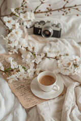  brown kraft paper, white flowers and vintage writing spread
