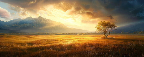The image is a beautiful landscape of a field of wheat at sunset