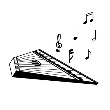 Gusli and notes, melody, folk musical instrument. Vector illustration. All objects are hand-drawn in black in vector. Suitable for printing on invitations, posters, tickets.