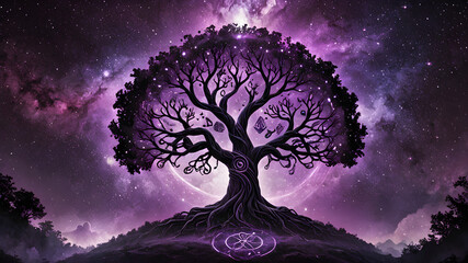 Forest Tree of Life with Runes in Celtic purple and Black Mythology ancient symbols Fantasy folklore and spirituality Wallpaper 16:9