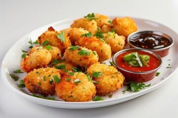 Fototapeta premium Golden-Brown Gator Nuggets with Vibrant Swamp Sauce