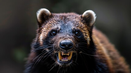 Obraz premium A tight shot of a brown and black animal with its mouth agape, displaying wide-open teeth