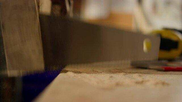 Close-up side view of handsaw cutting wooden plank making sawdust falling on workbench