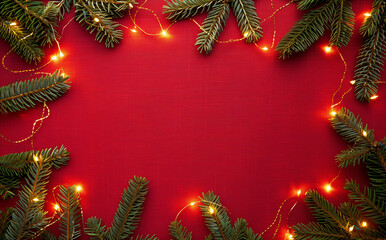 Christmas Red Background with Golden Lights and Pine Branches Frame. New Year Concept Featuring a Festive Layout with Illuminated Spruce Tree and Red Canvas Texture. Perfect for Greeting Card Designs