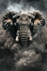 Fototapeta premium An elephant amidst a sky filled with clouds, surrounded by dark clouds in the background
