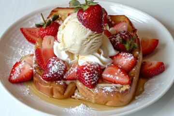 Divine Cinnamon Brioche with Creamy Vanilla Ice Cream and Fresh Strawberries