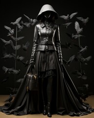 Obraz premium A woman wearing a onepiece garment in black, with a matching hat, is surrounded by birds, showcasing a creative arts inspired fashion design