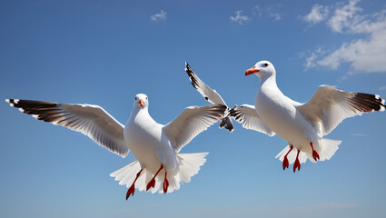 Obraz premium Two white seagulls with red markings on their wings are flying against a bright blue sky with white clouds.