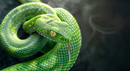 Obraz premium A green snake with yellow eyes. New Year 2025 symbol