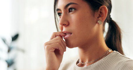 Woman, house and anxiety with biting nails for thinking or stress or crisis with problem solving....
