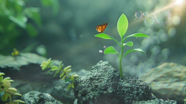 small plants and butterflies are very beautiful and enchanting. seamless looping time-lapse virtual 4k video Animation Background.