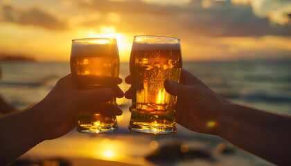 Two hands holding beer glasses toasting each other with the sun setting in background, La Perla from Guayaquil Ecuador defocused in the background
