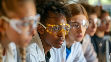 A group of young people wearing lab coats