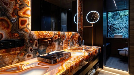 A luxury bathroom with an underlit agate countertop and a mirror that doubles as a smart display