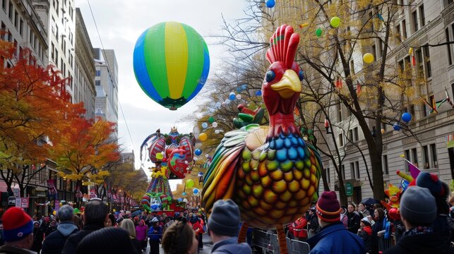 A parade with a giant chicken float and a hot air balloon