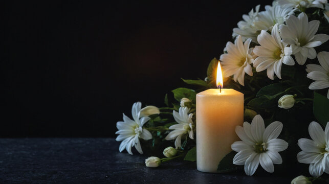 Lit candle bright flame white flowers yellow centers dark background remembrance mourning theme