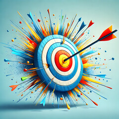 Explosion de couleurs autour d'une cible touch&eacute;e par une fl&egrave;che, symbolisant pr&eacute;cision et r&eacute;ussite