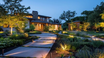 Obraz premium Suburban ranch with a sophisticated outdoor lighting system that highlights the architectural features and garden paths