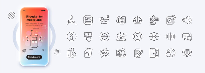 Journey, Dao and Feather signature line icons for web app. Phone mockup gradient screen. Pack of Fake internet, Sound wave, Correct answer pictogram icons. Vector