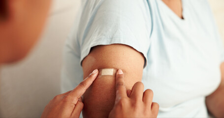 Hands, band aid and people with healthcare, consultation injection or vaccine with medical...