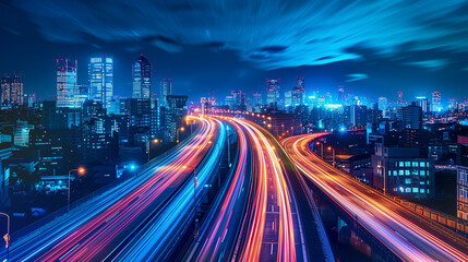 Fototapeta premium A conceptual image of a future urban landscape where light paths resemble a digital superhighway.