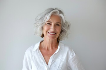A confident woman with silver hair smiles at the camera