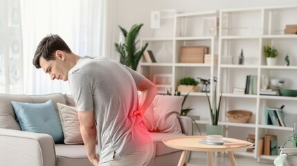 Obraz premium A young man with back pain holds his lower body while sitting on the sofa in the living room