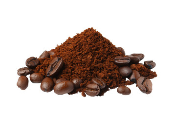 Obraz premium Pile of ground coffee and coffee beans isolated on white background