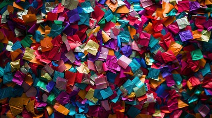 Close-up view of colorful confetti on a dark surface