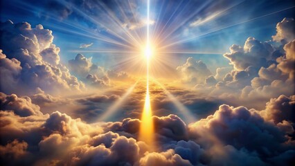Radiant divine light emanates from heaven as clouds part to reveal a shimmering pathway for the ascended Christ's glorious return.