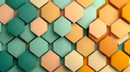 Fototapeta premium Colorful 3D hexagon pattern background with teal, yellow, and orange hues creating a vibrant geometric abstract design.