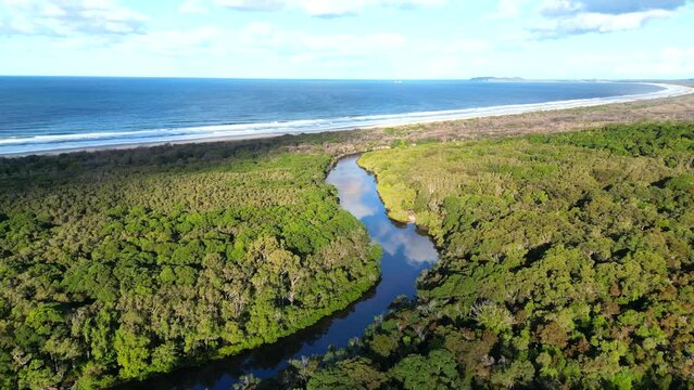 Drone Video of Simpsons Creek and Torakina in Brunswick Heads, looking towards Byron Bay, NSW Australia.