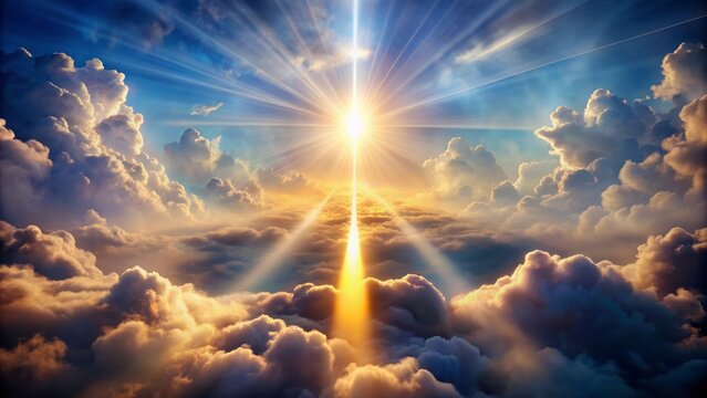 Radiant divine light emanates from heaven as clouds part to reveal a shimmering pathway for the ascended Christ's glorious return.