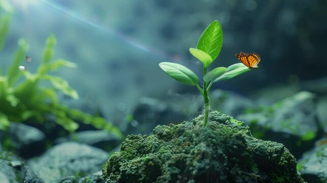 Fresh small plants that grow on tropical rocks are very beautiful and natural. seamless looping time-lapse virtual 4k video Animation Background.
