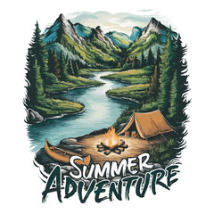 Fototapeta premium Mountain river tent campfire canoe summer adventure t shirt design