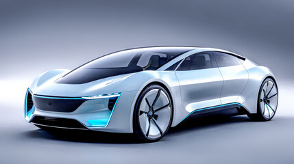 Naklejka premium Sleek White Electric Concept Car with Black Accents, Innovative Eco-friendly Design, Aerodynamic Efficiency on Display in Studio Setting, Advanced Technology Vehicle Showcasing Sustainable Future
