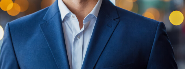 Professional man in blue suit, white shirt, business attire close-up, elegant formal wear, indoor blurred bokeh background, corporate fashion detail, smart clothing style