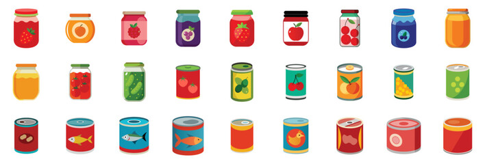 Canned and jarred food icons - fruit jam glass jar, vegetables, meat, marmalade. Pantry vector cartoon illustration set.