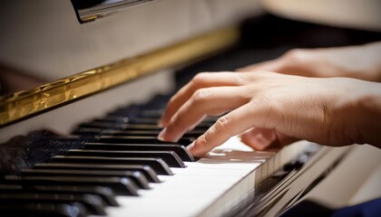Obraz premium Piano Player - Playing the Piano during Concert or Christmas - Romantic Playing of the Piano - Black Grand Piano during a Performance - Classical Instrument in a Orchestra - Closeup of the Player Hand