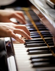 Obraz premium Piano Player - Playing the Piano during Concert or Christmas - Romantic Playing of the Piano - Black Grand Piano during a Performance - Classical Instrument in a Orchestra - Closeup of the Player Hand