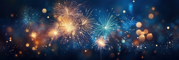 Fototapeta premium Sparkling Fireworks Display,Happy New Year, Beautiful creative holiday background with fireworks and Sparkling