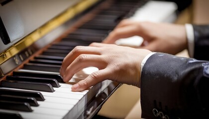 Obraz premium Piano Player - Playing the Piano during Concert or Christmas - Romantic Playing of the Piano - Black Grand Piano during a Performance - Classical Instrument in a Orchestra - Closeup of the Player Hand