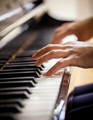 Obraz premium Piano Player - Playing the Piano during Concert or Christmas - Romantic Playing of the Piano - Black Grand Piano during a Performance - Classical Instrument in a Orchestra - Closeup of the Player Hand