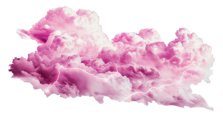Fototapeta premium Pink storm clouds with lightning bolts, cut out - stock png.