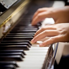 Fototapeta premium Piano Player - Playing the Piano during Concert or Christmas - Romantic Playing of the Piano - Black Grand Piano during a Performance - Classical Instrument in a Orchestra - Closeup of the Player Hand