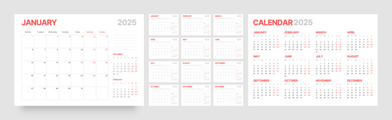 Monthly calendar template for 2025 year. Diary planner in a minimalist style. Week Starts on Monday. 