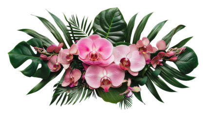 Pink orchid and tropical leaf arrangement, cut out - stock png.